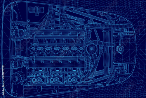 A detailed sports car engine blueprint on a blue background, featuring a technical wireframe diagram of internal components and mechanical parts.