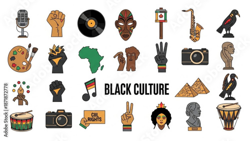Vibrant collection of icons representing black culture and heritage with various symbols and objects with african american and cultural icons