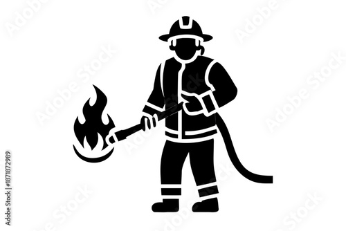 firefighter with hose silhouette illustration for emergency and public service design