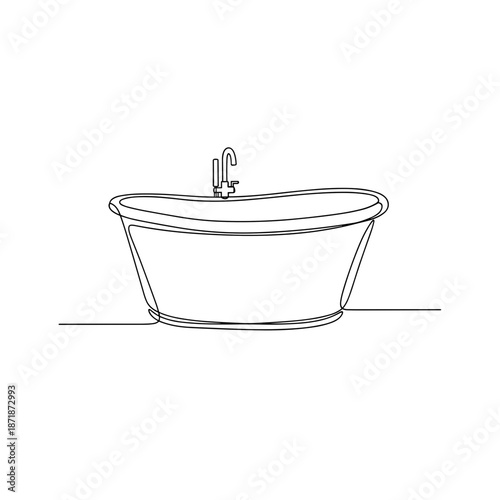 Elegant freestanding bathtub in minimalist line art on white background