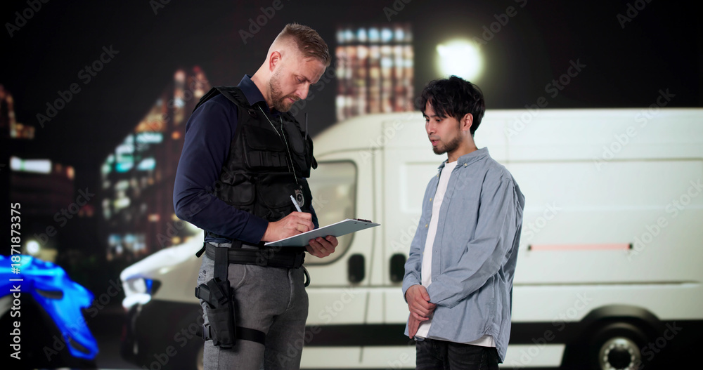 Fototapeta premium Driver Talking To Insurance Police Officer At Night After Car Accident