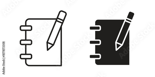 Notebook icons line and solid version, outline and filled vector design set