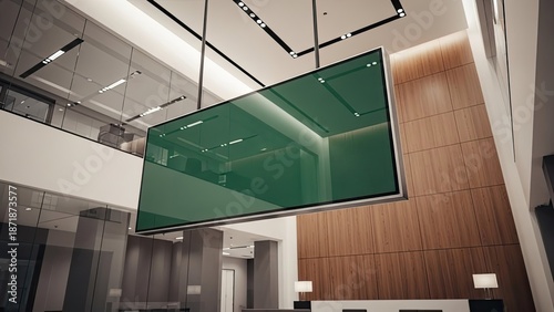Modern Office Building Foyer with a Prominent Digital Advertising Screen and Elegant Design
