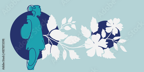 Minimalist Art of a Female Illustrator with a Flowing Abstract Floral Design for a banner, Blog Header or Poster.