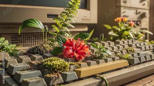 Vintage 90s Computer with Tropical Jungle Plants and Vines Growing Out of the Keyboard.