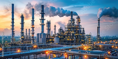 Industrial Oil Refinery at Sunset with Smoke Stacks