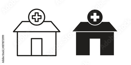 Pharmacy icons line and solid version, outline and filled vector design set