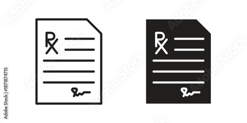 Prescription icons line and solid version, outline and filled vector design set