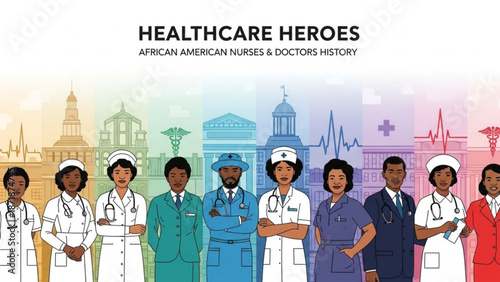 Diverse group of african american healthcare professionals in historical context standing together in unity and pride with cityscape background