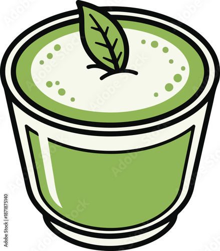 Refreshing Minimalist Flat Green Smoothie Drink with Mint Leaf in a Glass. Vector Illustration of Healthy Beverage