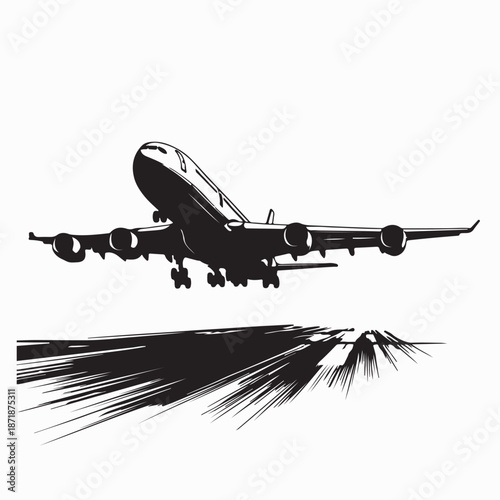 Passenger Plane Takes Off from Runway at City Airport Silhouette Vector