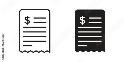 Receipt icons line and solid version, outline and filled vector design set