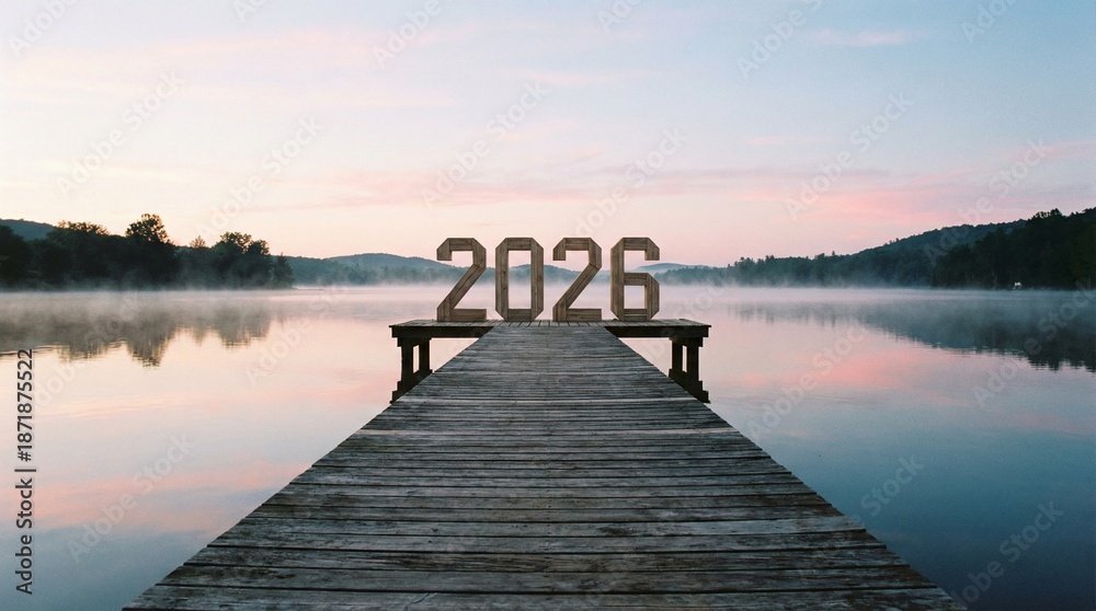 Fototapeta premium Wooden year 2026 numbers on a pier at sunrise over a calm misty lake