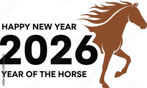 Happy New Year 2026 Year of the Horse with a galloping brown horse silhouette Keywords: happy new year, 2026, year of the horse