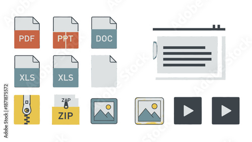 Collection of assorted digital file icons representing various formats and media types displayed on a clean white background