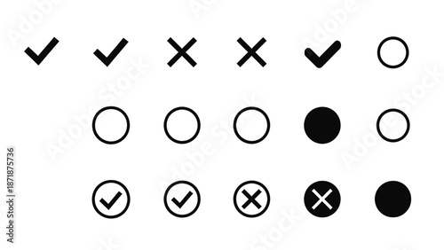 A collection of various graphical icons and symbols on a white background viewed from directly above