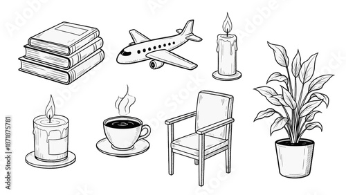 A collection of various objects including books, an airplane, candles, coffee, a chair, and a potted plant, presented in a simple, line-art illustration style with a clean white background