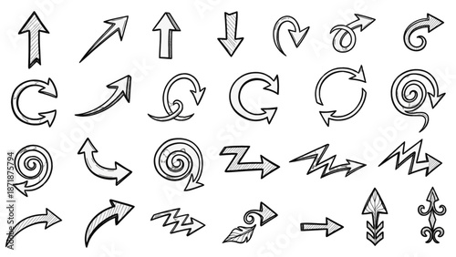 Collection of various hand-drawn arrows and curved pointers on a white background