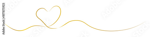 Golden continuous heart pattern in one line, heart shape in the form of a continuous golden line on a transparent background. Romantic design. Vector illustration