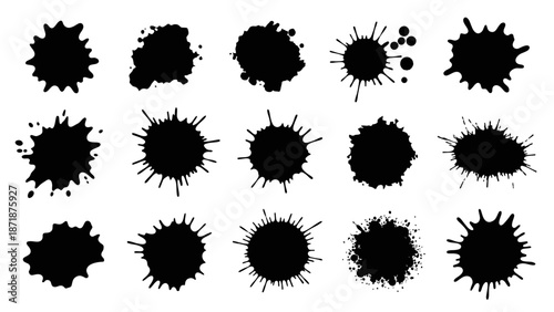 Collection of various black ink splatters on a white background