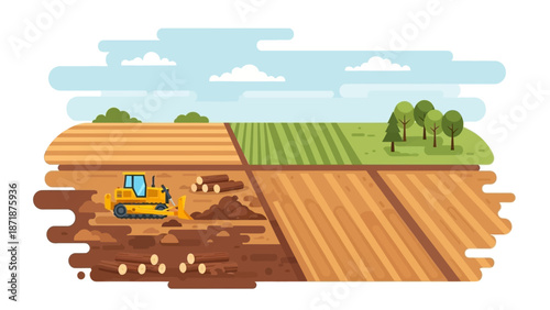 Agricultural Construction: A bulldozer carves through the earth, preparing the land for planting and cultivation under a serene sky.