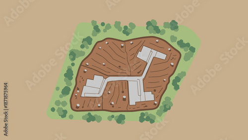 Conceptualized Property Development: A bird's-eye view illustration showcases a modern architectural design, revealing a visionary property development plan in a natural setting. 