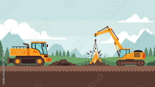 Construction Site: A dynamic scene of heavy machinery at work on a construction site, featuring an excavator and a dump truck operating in tandem.