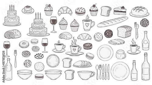 Assorted food and drink illustrations arranged neatly on a white background from a straightforward viewpoint
