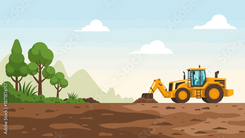Construction Site in Nature: A robust yellow tractor excavates the earth on a tranquil site. A gentle touch to this work creating beautiful landscape for construction
