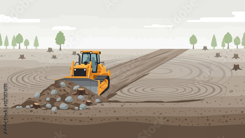 Dozer Leveling the Ground: A heavy-duty dozer carves a path through the earth, reshaping the landscape with its powerful blade, as it clears ground for a new project.