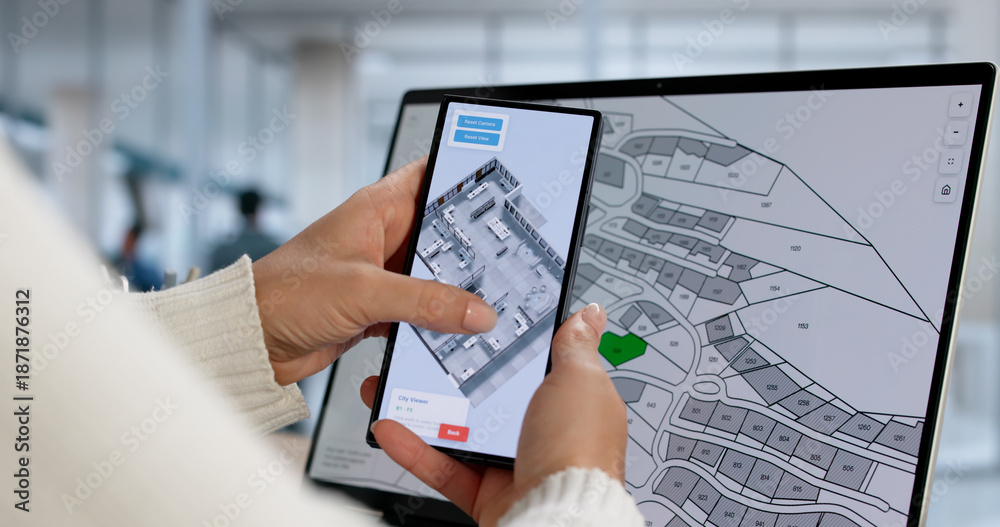 Naklejka premium Urban Property Valuation With BIM GIS Mapping On Laptop