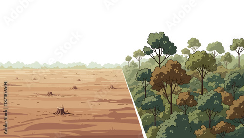 Deforestation and Renewal: A stark contrast between barren land and a thriving forest vividly illustrates the consequences of deforestation and the promise of environmental renewal.