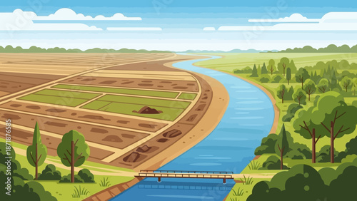Cultivated Landscape: An illustration of serene agricultural landscape with plots of land next to a wide river. 