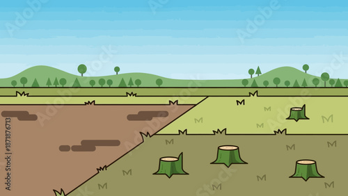 Deforestation Impact: An impactful illustration depicting the adverse effects of deforestation, showcasing the loss of trees and the transformation of a green landscape into barren land.