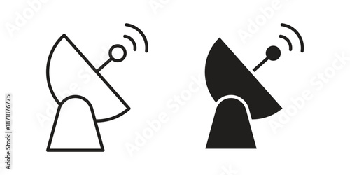 Satellite dish icons line and solid version, outline and filled vector design set