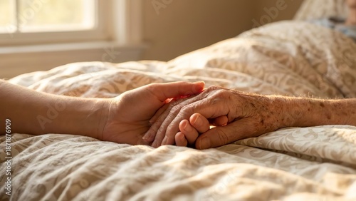 Close-up of young hand holding elderly hand providing support and comfort in hospice care