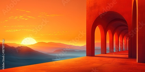 Sunset Through Arched Walkway in Desert Landscape