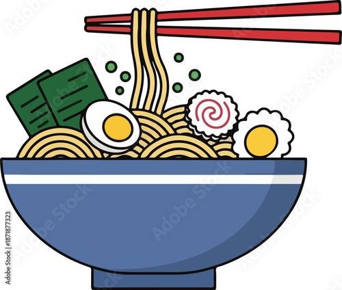 Vibrant illustration of a steaming bowl of authentic ramen noodles with traditional Japanese toppings like narutomaki and nori, perfect for food blogs and restaurant menus