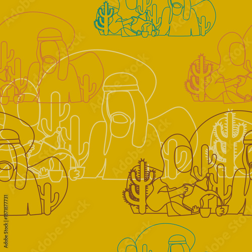 Editable Outline Arab Lady Pouring Coffee From Dallah Pot into Finjan Cup for Husband Vector Illustration as Seamless Pattern for Creating Background of Islamic Moments or Arabian Culture Cafe