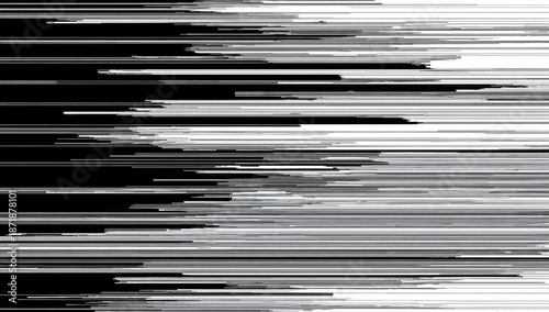 Horizontal lines of gray, white, and black merge in an abstract pattern