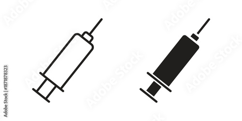 Syringe injection icons line and solid version, outline and filled vector design set