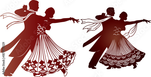 Elegant silhouettes of ballroom dancing couples captured in dynamic performance poses showcasing classic waltz or tango movements against a dark background