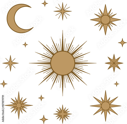 Set of celestial elements sun, moon, and stars in gold outline style
