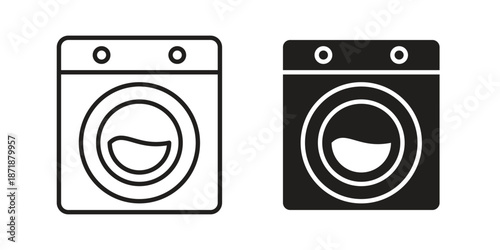 Washing machine icons line and solid version, outline and filled vector design set