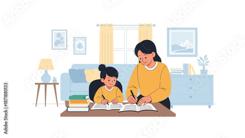 Mother assisting child with homework at home in a cozy living room scene