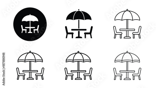 Icon set of outdoor seating with umbrellas - Vector icon set - Glyph and solid icon set - Icon vector - Flat Design Icon - line icon set