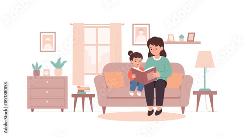Woman reading to child on a couch in a cozy living room