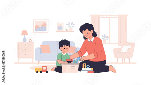 Mother assisting son with toy assembly in a cozy living room setting with various furniture and decor