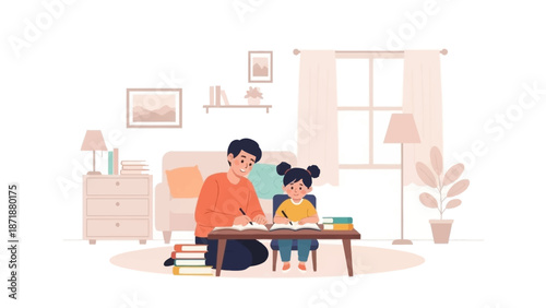 Father and daughter engaging in a reading activity together in a cozy living room setting