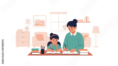Mother guiding daughter in a cozy living room study session from a nearby viewpoint